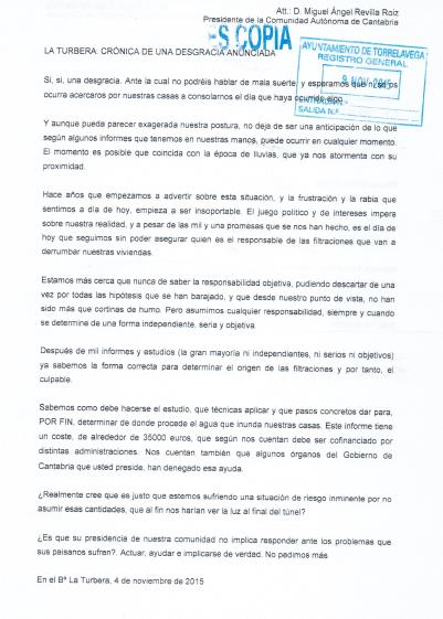 Carta enviada por los vecinos de La Turbera a Miguel Ángel Revilla