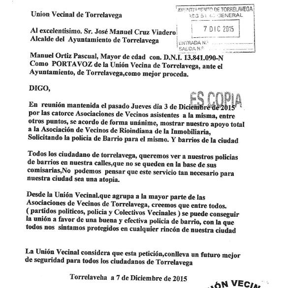 La Unión Vecinal apoya la petición de más presencia policial en La Inmobiliaria