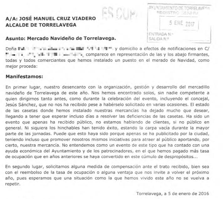 Comerciantes de la Feria de Navidad remiten un escrito de protesta al Alcalde de Torrelavega / Escrito de protesta de los comerciantes de la Feria de Navidad - ESTORRELAVEGA