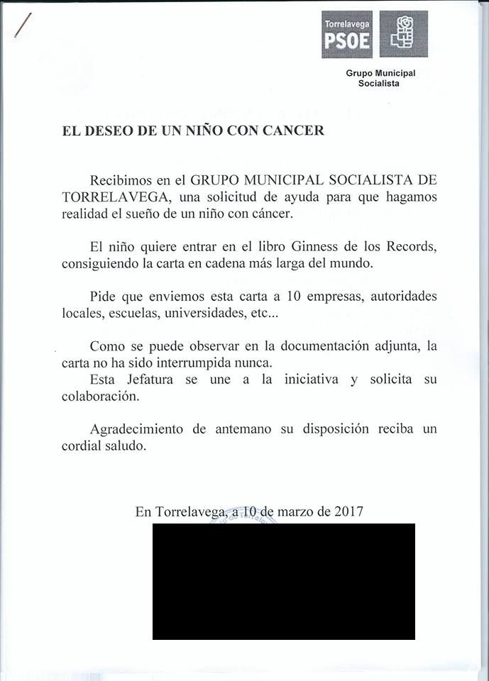  El PSOE difunde la petición de un niño con cáncer que quiere conseguir la carta en cadena más larga del mundo