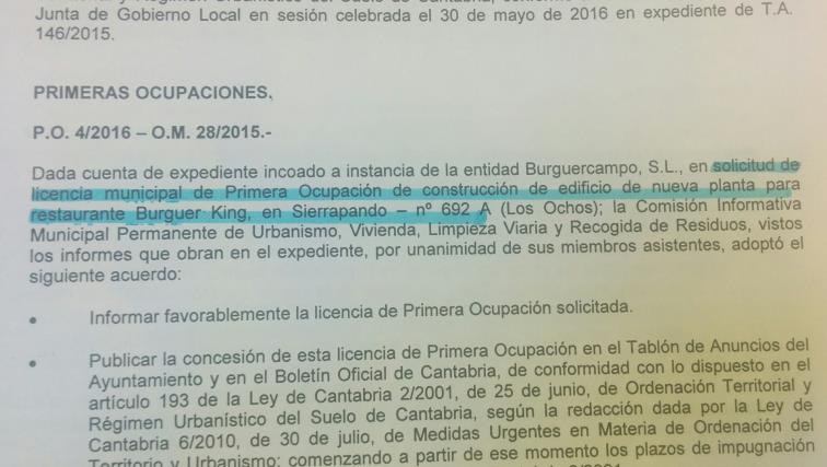  ACPT denuncia que el Burger King de Sierrapando lleva abierto casi un año sin licencia municipal de primera ocupación