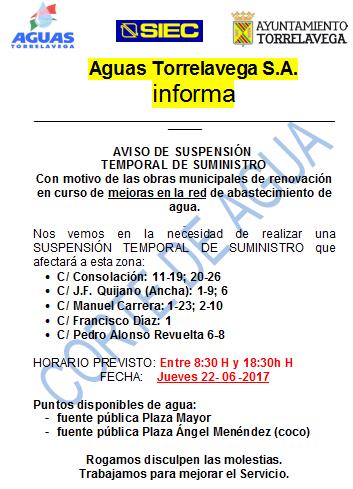  Cortes de agua en Torrelavega para mañana jueves