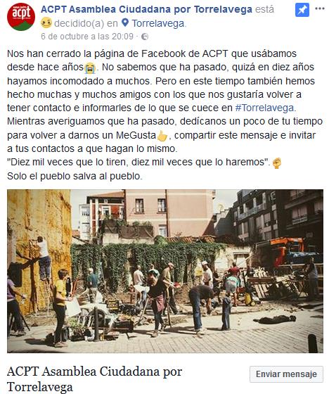 ACPT denuncia que Facebook ha cerrado su página