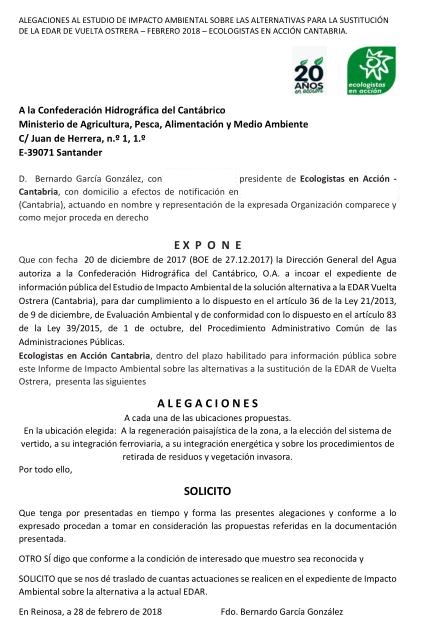 Ecologistas en Acción ha registrado las alegaciones al estudio de impacto ambiental para la nueva ubicación de la depuradora