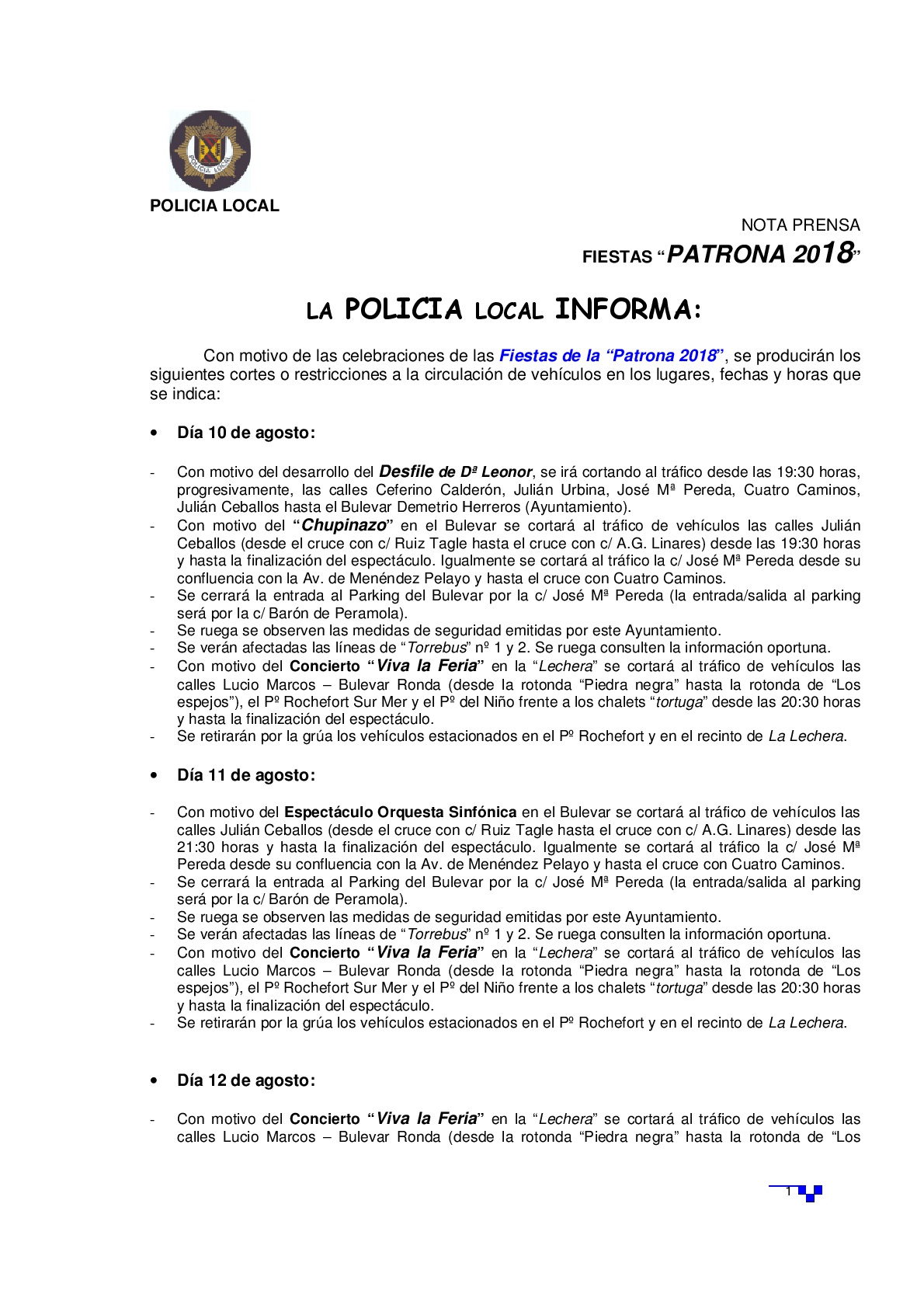  Cortes, restricciones de tráfico y aparcamientos alternativos durante las Fiestas de la Virgen Grande 2018