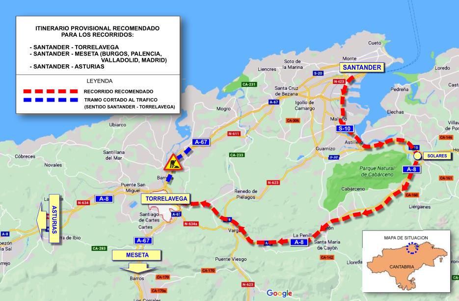 Rutas alternativas de tráfico ante el corte total de la A-67 en sentido Torrelavega y Asturias