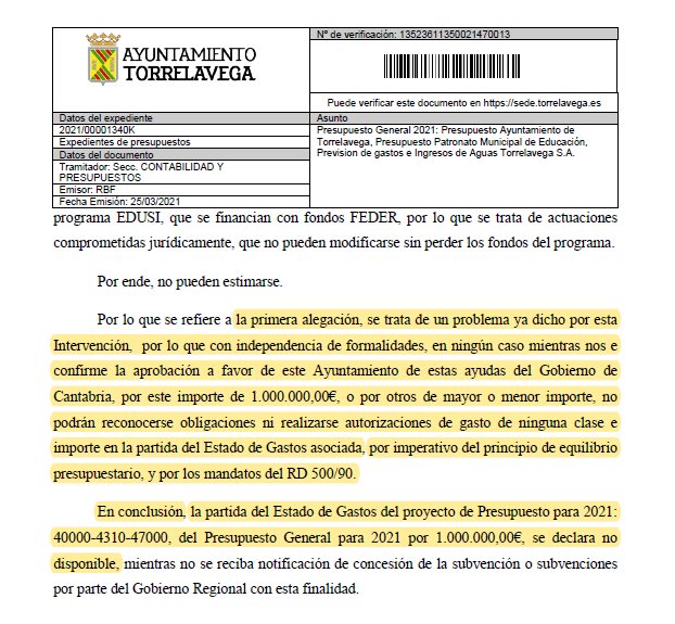  Intervención declara «No disponible» el millón de euros denunciado por ACPT