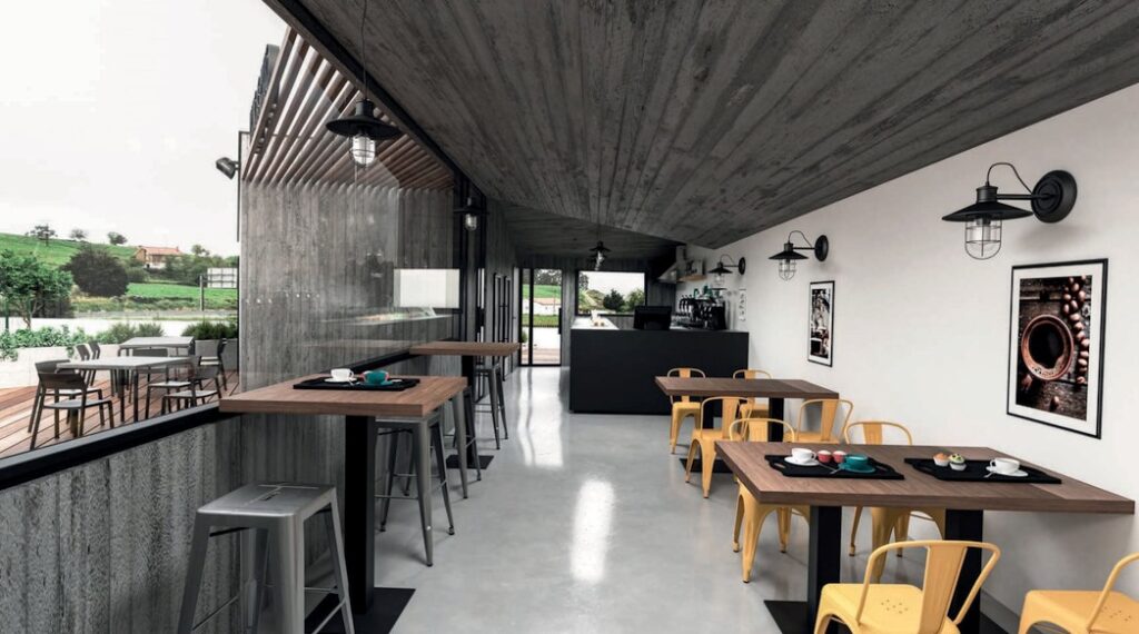 Recreación del diseño del módulo kiosko-cafetería con terraza que se ubica en la zona de ocio deportivo de Requejada