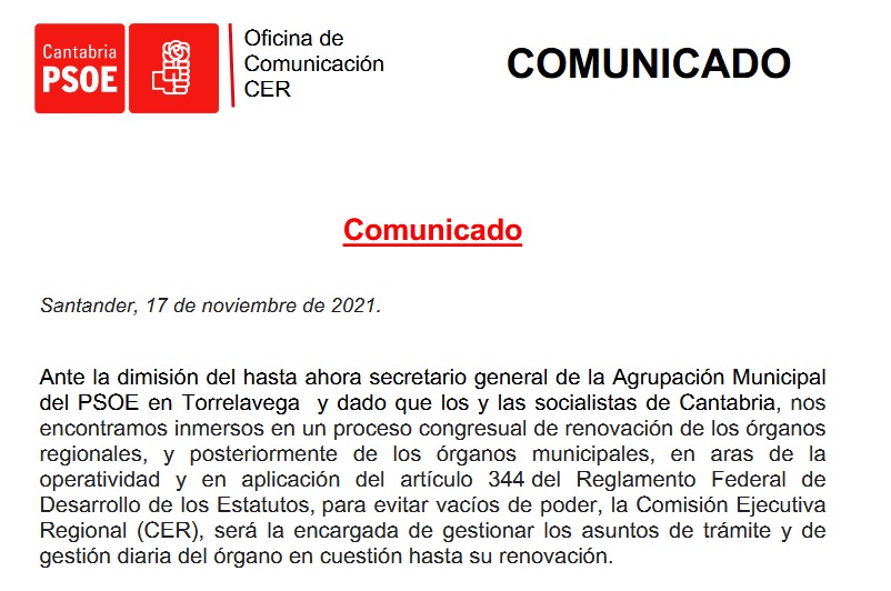 La Comisión Ejecutiva Regional se encargará del PSOE de Torrelavega tras la dimisión de Bustillo