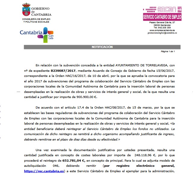 En la imagen la notificación del EMCAN en la que pide al Ayuntamiento de Torrelavega la devolución de 652.781 euros