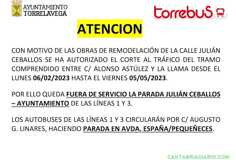 Julián Ceballos: cortes de tráfico y cambios en las paradas del Torrebús a partir del lunes y hasta mayo