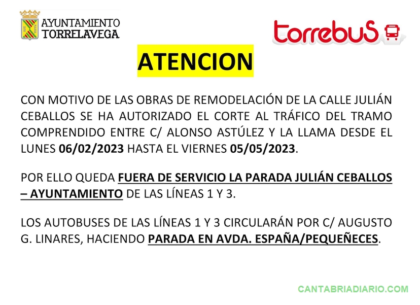 Julián Ceballos: cortes de tráfico y cambios en las paradas del Torrebús a partir del lunes y hasta mayo