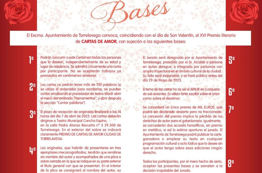 Bases del XVI Concurso de Cartas de Amor ‘Ciudad de Torrelavega’