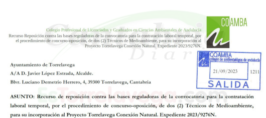  El Colegio de Ambientólogos de Andalucía recurre las bases para contratar dos Técnicos de Medioambiente