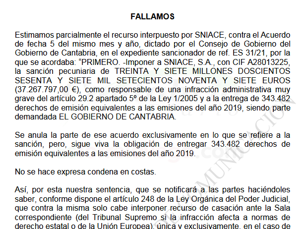 La Justicia anula la sanción de 37,2 millones de euros a SNIACE por no entregar sus derechos de emisión en 2020