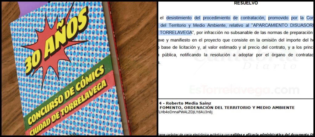 En la imagen la portada del libro recopilatorio de los 30 del Concurso de Cómics, que contenía viñetas pornográficas y se distribuyó en colegios, y la resolución firmada por el consejero Roberto Media de desestimiento del Aparcamiento en el Ferial de Torrelavega por "infracción no subsanable"