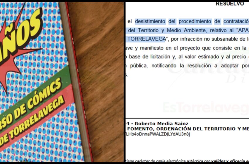 En la imagen la portada del libro recopilatorio de los 30 del Concurso de Cómics, que contenía viñetas pornográficas y se distribuyó en colegios, y la resolución firmada por el consejero Roberto Media de desestimiento del Aparcamiento en el Ferial de Torrelavega por "infracción no subsanable"