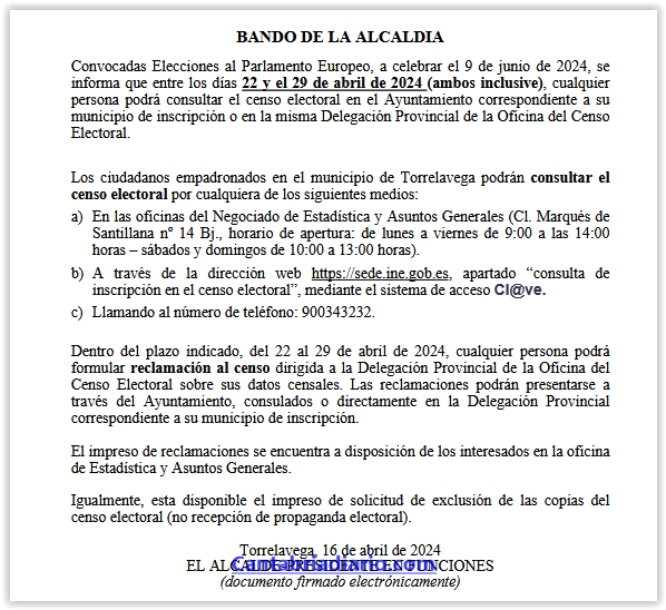  Los torrelaveguenses podrán consultar el censo para las elecciones europeas del 22 al 29 de abril