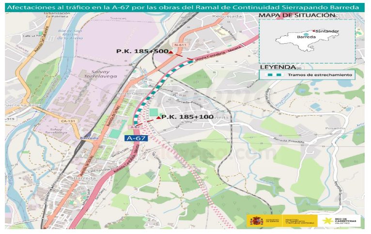  El lunes 22, afectaciones al tráfico en la autovía A-67 por las obras del ramal de continuidad Sierrapando-Barreda