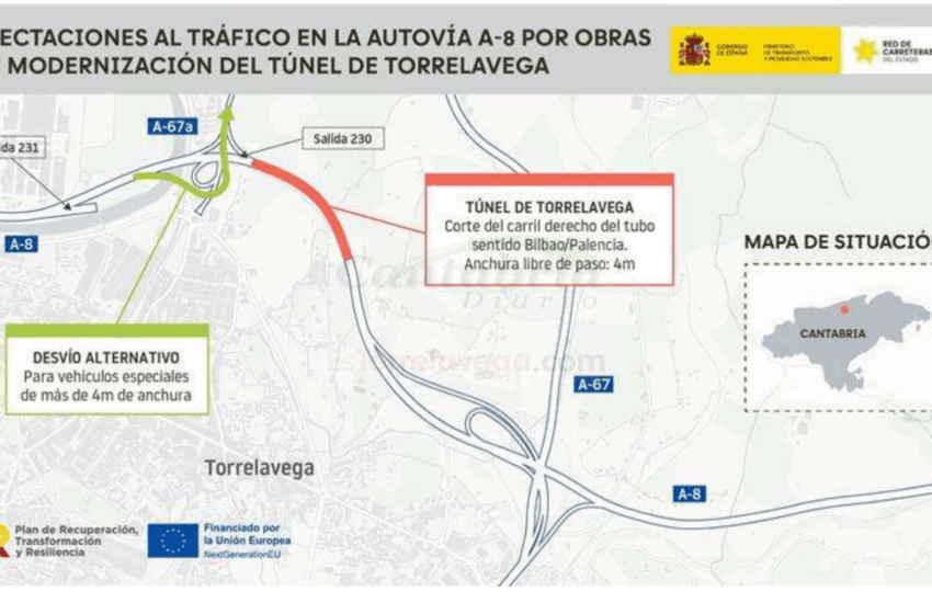 Se cortará al tráfico el carril derecho del túnel sentido Bilbao/Palencia en la A-8