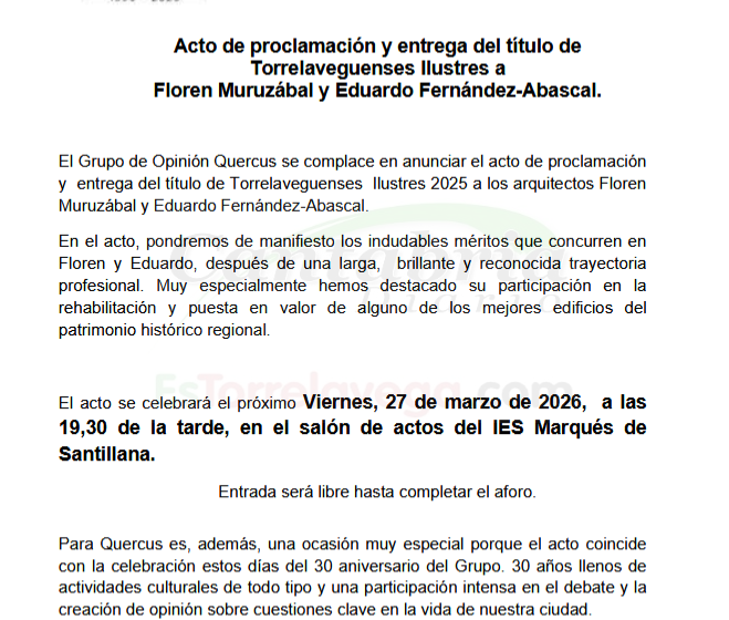  QUERCUS nombrará Torrelaveguenses Ilustres 2025 a los arquitectos Floren Muruzábal y Eduardo Fernández-Abascal