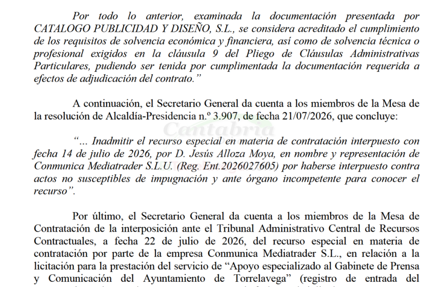  EXCLUSIVA-. El Tribunal Administrativo de Recursos Contractuales paraliza la licitación de los auxiliares de Prensa de Torrelavega