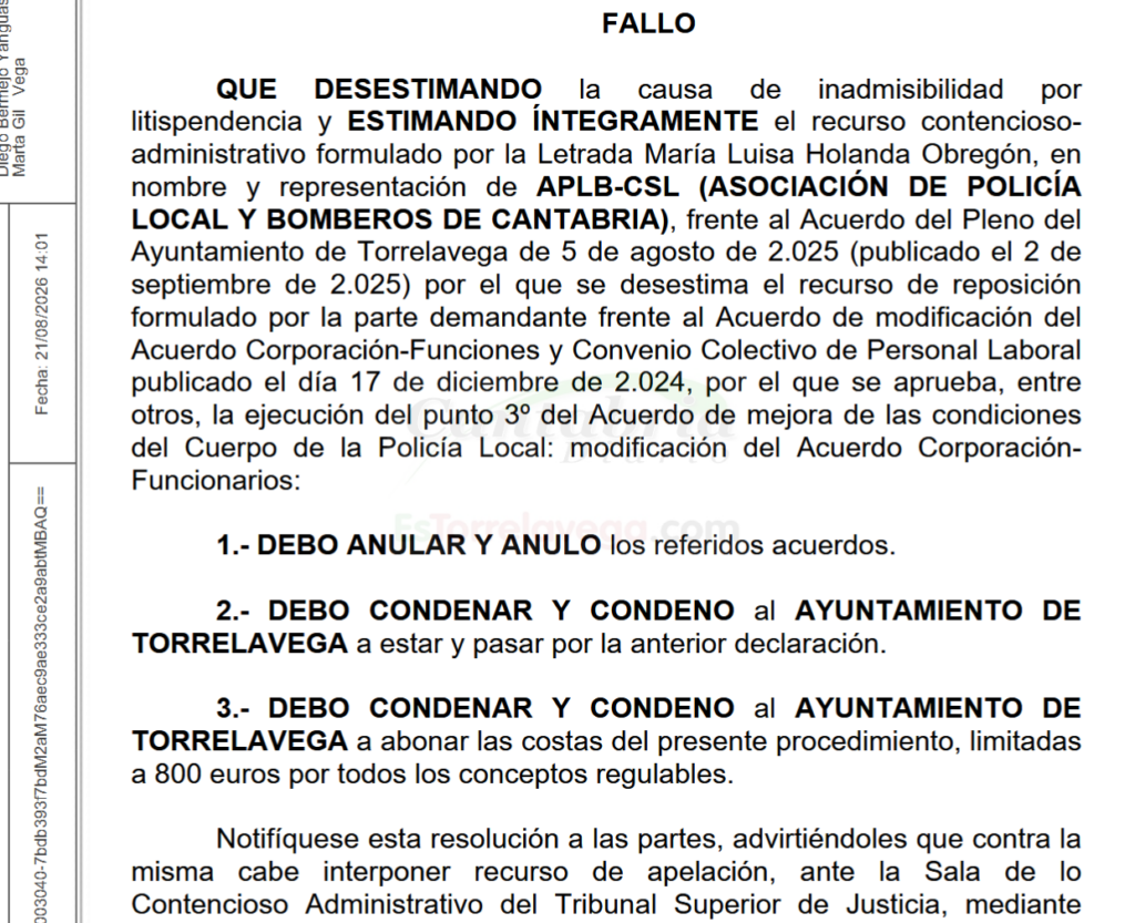 Dos sentencias condenan al Ayuntamiento de Torrelavega por «imponer» el calendario del SCIS y Policía Local