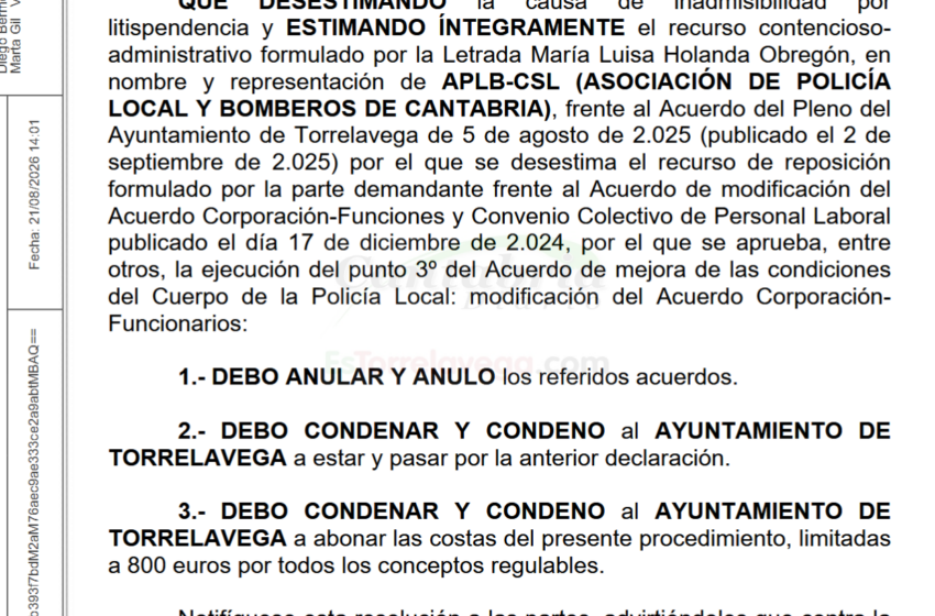  Dos sentencias condenan al Ayuntamiento de Torrelavega por «imponer» el calendario del SCIS y Policía Local