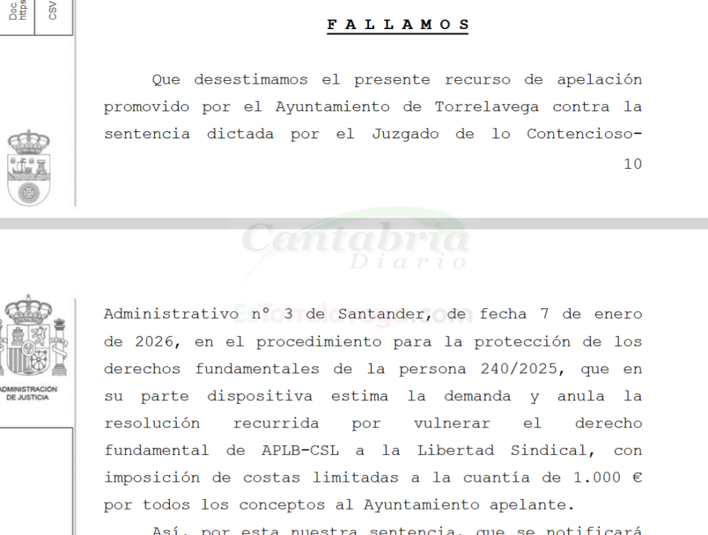 Nueva condena contra el Ayuntamiento de Torrelavega por vulnerar la libertad sindical